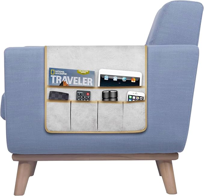 HAOMAIJIA Anti Slip Sofa Armrest Organizer Arm Chair Bedside Caddy Storage Organizer For Recliner Couch With 6 Pockets For Cell Phone Tv Remote Control Magazines (light grey)-NeatNest