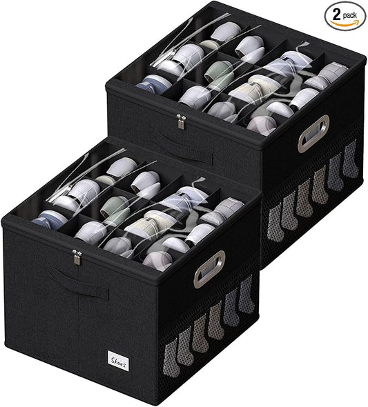 2 Pack Shoe Organizer for Closet Large Shoe Box Storage Containers with Clear Window Space Saving Shoe Bin with Foldable Bottom Support Adjustable Dividers Fits 32 Pairs (Black, (16.5*16.5*13in)*2)-NeatNest