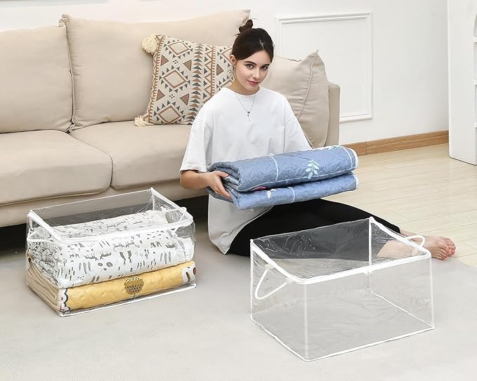 10 PCS Clear Zippered Storage Bags with Handle, Sweater Storage with Zipper, Foldable Closet Organizer Bed Sheet Organizer, Cube Plastic Organizer, Bag, Bin for Clothes,Towel-20 * 16 * 12-NeatNest