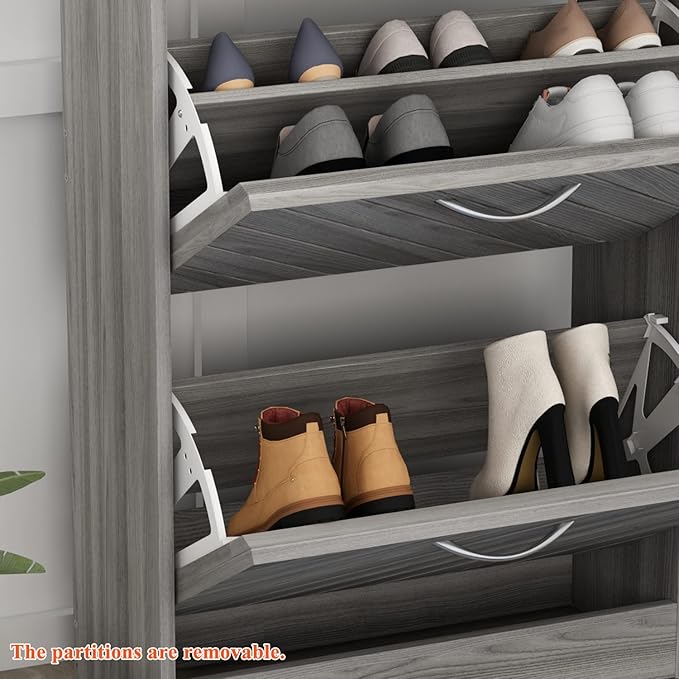 Homsee Modern Shoe Storage Cabinet with 3 Flip Drawers & Twill Louver Doors, Wood 3-Tier Shoe Rack Storage Organizer for Entryway, Hallway & Bedroom, Grey (22.4”L x 9.4”W x 42.3”H)-NeatNest
