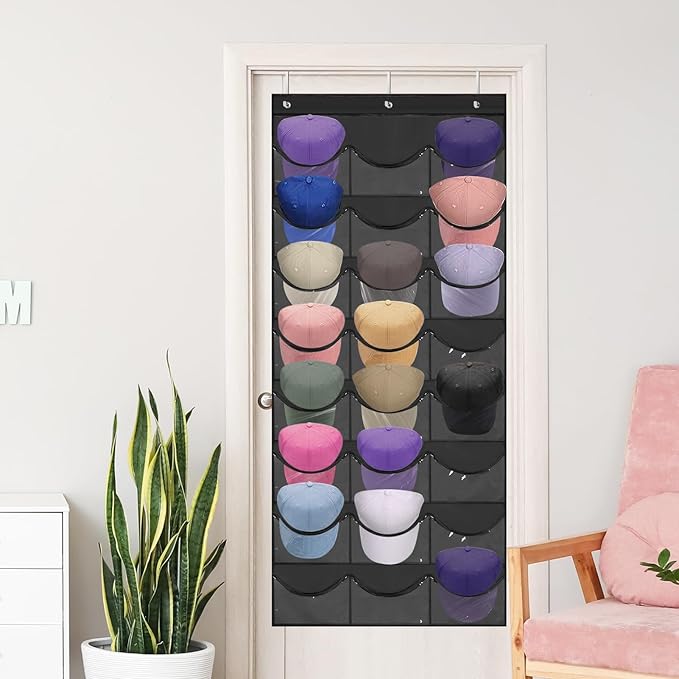 Hat Rack for Baseball Caps, 24 Pocket Over the Door Hat Organizer with 3 Hooks, Hat Holder for Door with Large Clear Pockets, Hat Storage to Protect and Display, Black - 1 Pack-NeatNest