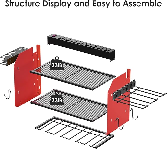 CCCEI Modular Power Tool Organizer Wall Mount Charging Station, Red 6 Drills Holder with 8 Plug Power Strip, Garage Drill Battery Heavy Duty Metal Shelf, Utility Rack with Hooks, Side Storage.-NeatNest