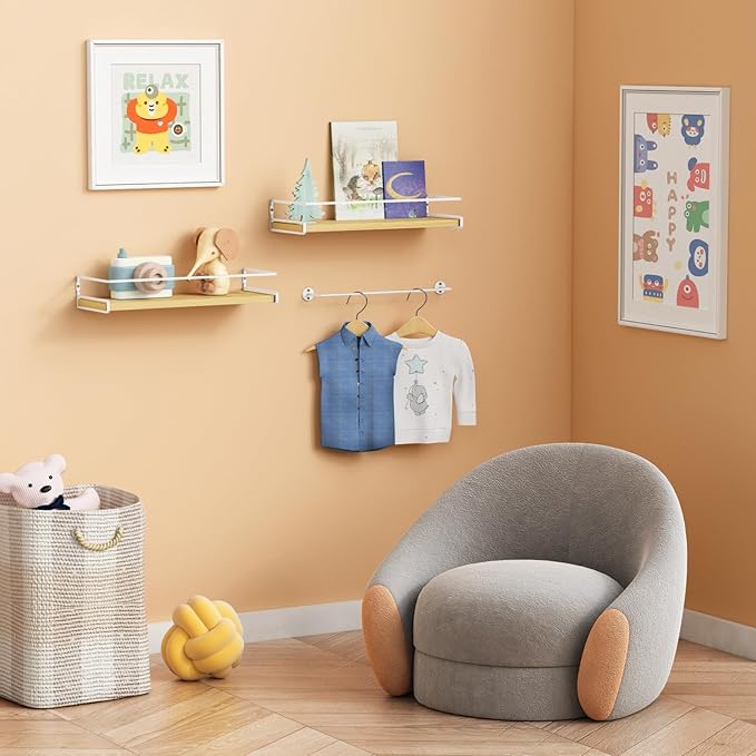 Forbena Floating Shelves for Wall with Rail, White and Natural Wood Nursery Book Shelves for Baby Girls Boys Kids Room Bedroom, Hanging Bookshelves Wall Mounted for Books, Toys, Bathroom (Set of 2)-NeatNest