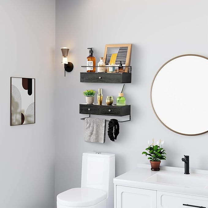 Floating Shelves for Wall Storage, Wall Mounted Bathroom Shelf with Drawers Set of 2, Rustic Wood Wall Shelves for Bedroom, Living Room, Kitchen, Home Decor, Plants, Books (Black)-NeatNest