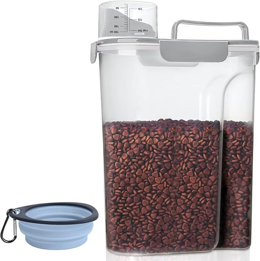 5-7LBS Airtight Dog Cat Food Storage Container with Pet stacking bowls, Upgraded Large Nozzle Clear Plastic Pet Storage Bin BPA-Free for Cats, Dogs, Birds, Chickens, Fishs-6Qt (Elegant Gray 5L-1pack)-NeatNest