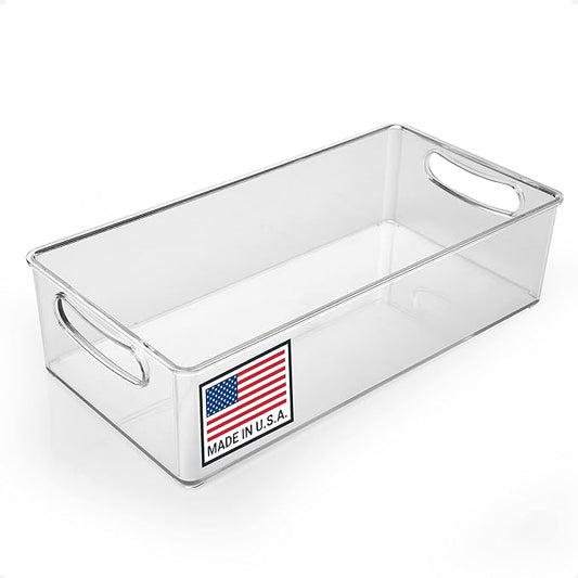 11-Inch Refrigerator Organizer Bin with Handles - Clear Plastic Storage for Fridge, Pantry, or Countertop - Dishwasher Safe - Made in the USA