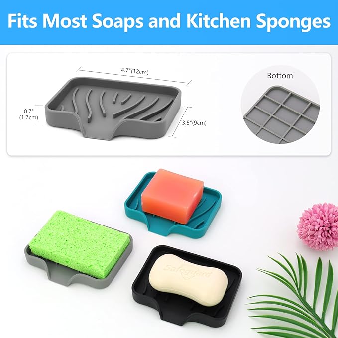 3-Pack Premium Soap Dishes, Easy to Clean Soft Silicone Self Draining Tray/Holder for Shower, Bathroom, Kitchen, Bathtub - Keep Soap Dry, Extend Life-NeatNest