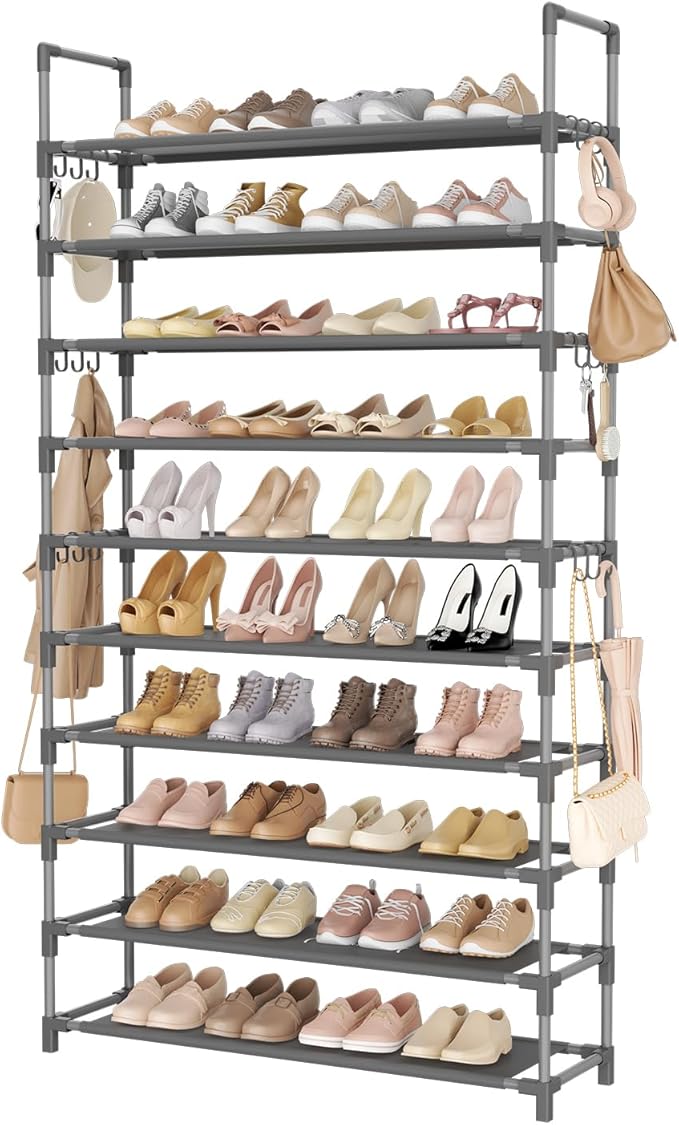 Tall Shoe Rack 10 Tier Shoe Organizer Large Shoe Shelf with 18 Hooks Storage for 50 Pair Sneaker and Boot, Stackable Vertical Shoe Rack Organizer for Closet, Entryway, Bedroom, Grey-NeatNest