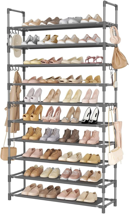 Tall Shoe Rack 10 Tier Shoe Organizer Large Shoe Shelf with 18 Hooks Storage for 50 Pair Sneaker and Boot, Stackable Vertical Shoe Rack Organizer for Closet, Entryway, Bedroom, Grey-NeatNest