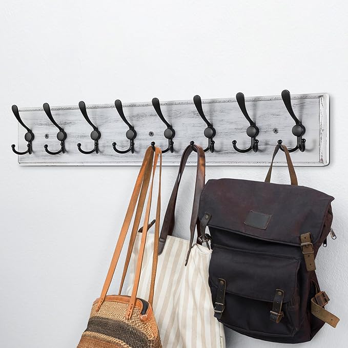 Coat Rack Wall Mount, Wooden Heavy Duty Coat Rack for Wall,8 Triple Coat Hanger Hooks for Hanging Coats,Jacket,Hat,Clothes (Grey White, 8 Hooks)-NeatNest