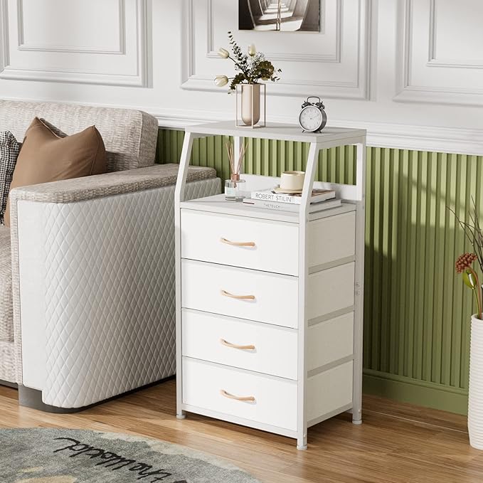 Furnulem Tall 4 Drawers Dresser, Vertical Storage Tower for Bedroom, Hallway, Entryway, Nursery, Closet Organizer, Nightstand Bedside Table Furniture, Sturdy Steel Frame, Wood Top, White-NeatNest