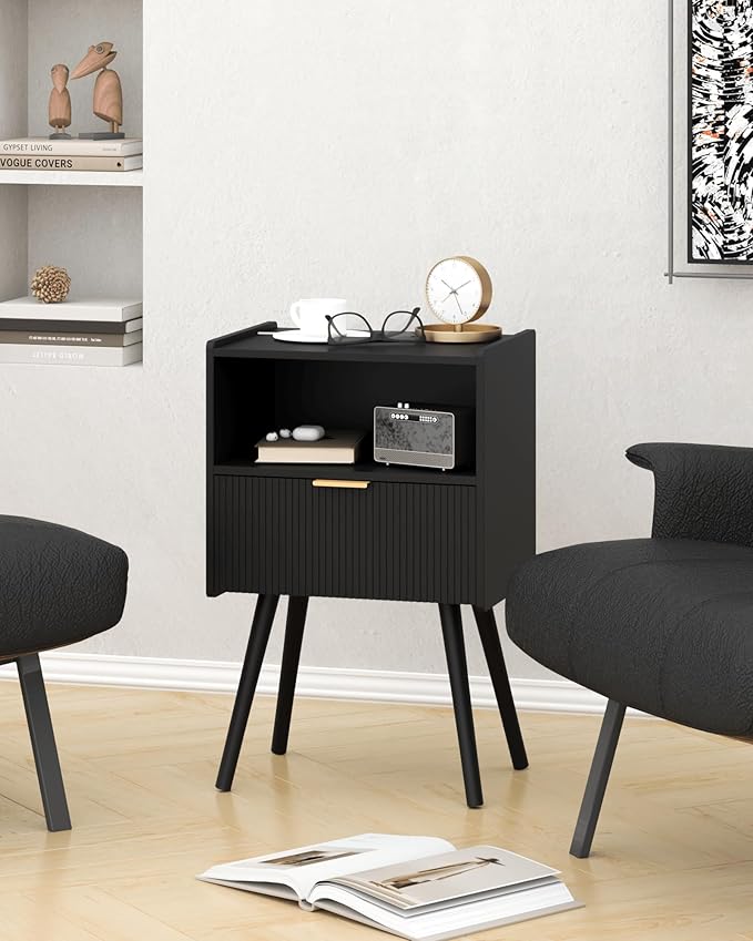 Black Nightstand,Modern Bedside Table with Storage Drawer and Open Wood Shelf, for Living Room, Bedroom and Small Spaces, Accent Night Stand with Solid Wood Legs, Easy Assembly,Classic Black-NeatNest