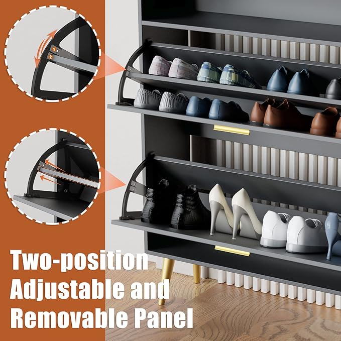 JOZZBY Shoe Cabinet for Entryway, Narrow Shoe Storage Cabinet with 2 Flip Drawers, Freestanding Hidden Shoe Rack Storage with Open Shelves for Hallway, Living Room, Set of 2, Black-NeatNest