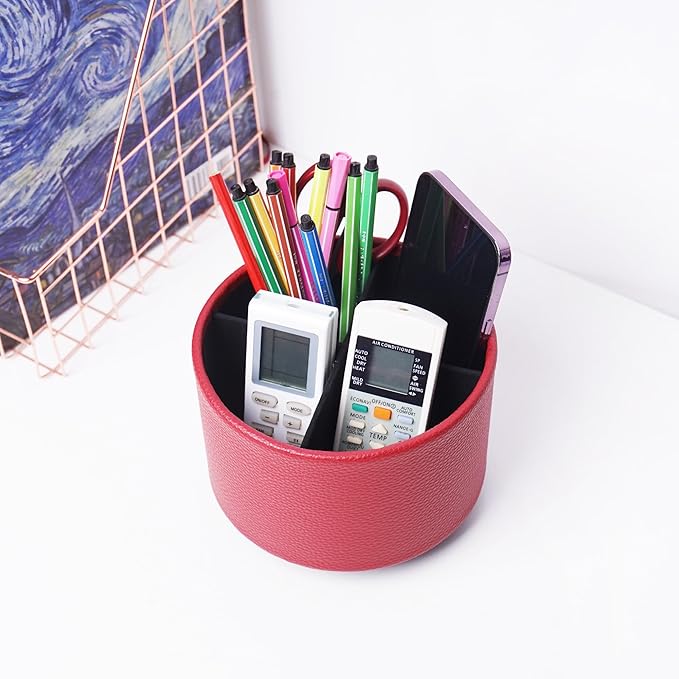 Hennaja Round Leather Art Supply Organizer,Remote Control Holder,360 Degree Spinning,Multi-Functional Pencil Holder,4 Compartments Desktop Stationary Organizer(1-Lichee Red)-NeatNest