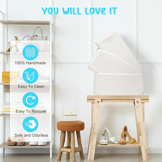 3-Pcs Shelf Baskets for Organizing, Closet Organizer Bins, Small Woven Baskets, Rope Toy Basket, Storage Basket for Shelves, Cube Decorative Box, 11.8×7.8×5.1”, White-NeatNest