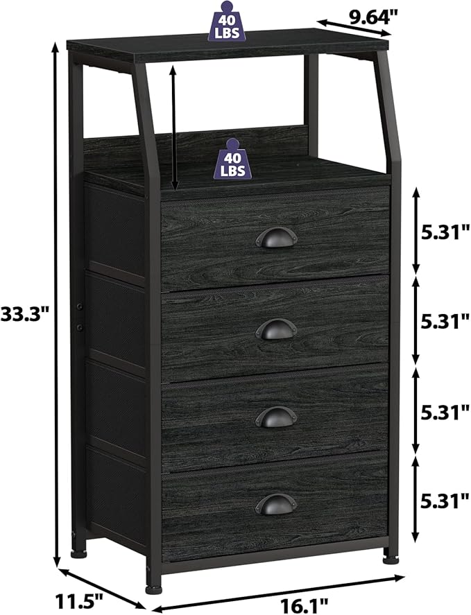 Furnulem Tall 4 Drawers Dresser, Vertical Storage Tower Black Dresser for Bedroom, Hallway, Entryway, Nursery, Closet Organizer, Nightstand Bedside Table Furniture, Sturdy Steel Frame, Wood Top-NeatNest
