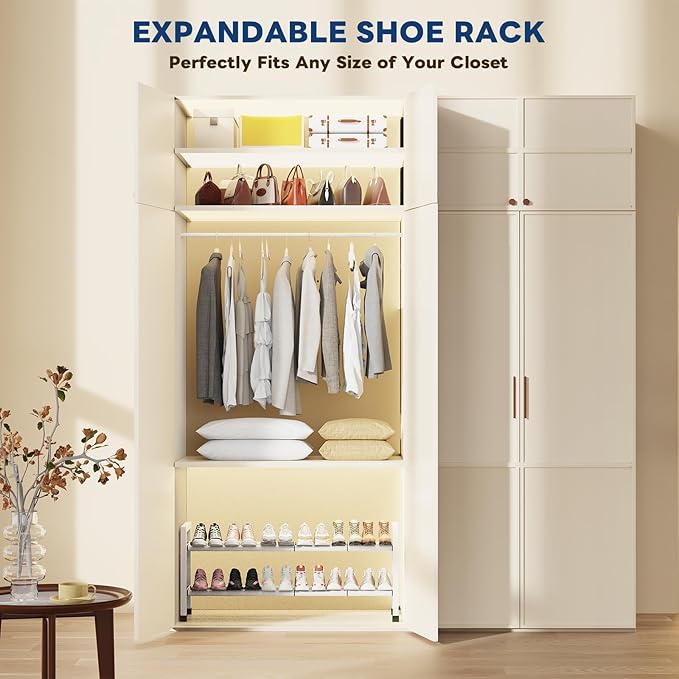 Mavivegue Expandable Shoe Rack, 2-Tier 19"-43.3" Adjustable Shoe Rack for Closet,Hall Entryway,Front Door,Garage, Sturdy Steel Space-Saving Rack, White-NeatNest