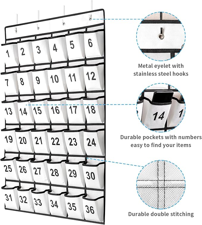 36 Pockets Numbered Classroom Pocket Chart for Cell Phones, Hanging Pocket Chart Storage for Classroom Phone Calculator Holder with 4 Stainless Steel Hooks (White-36pockets)-NeatNest