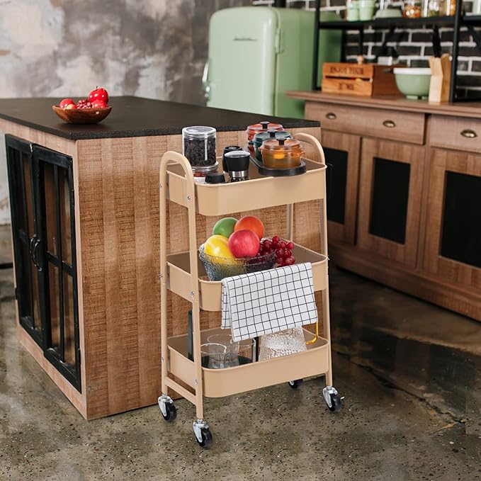 AGTEK Makeup Cart, Movable Rolling Organizer Cart, 3 Tier Metal Utility Cart with Lockable Wheels for Home & Office, Golden-NeatNest