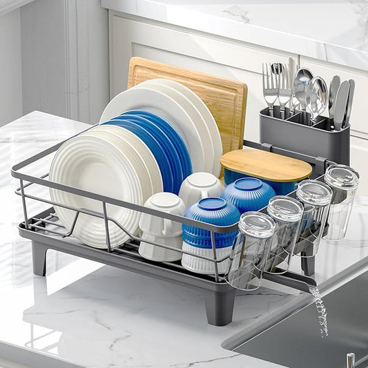 Dish Drying Rack for Kitchen Counter, Sink Dish Rack with Drainboard, Large Dish Drainer with Cups Holder, Home Countertop Plate Dryer Storage Rack with Cutlery Holder, Gray