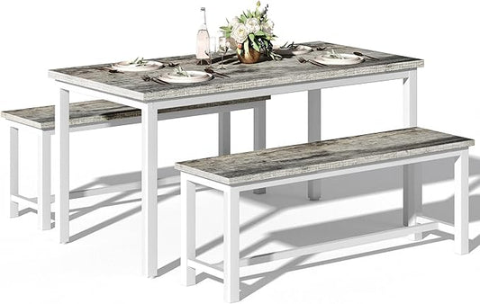 DKLGG Dining Table Set for 4, 47" Farmhouse Kitchen & Dining Room Sets 3 Pieces Rectangular Dining Room Table with Bench for Small Space, Restaurant, Apartment, Grey & White-NeatNest