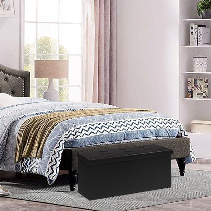 30 Inches Folding Storage Ottoman Bench, Faux Leather Footrest Ottoman, Storage Trunk Footrest for Bedroom, Living Room and Hallway, Support 350lbs, Black Black line