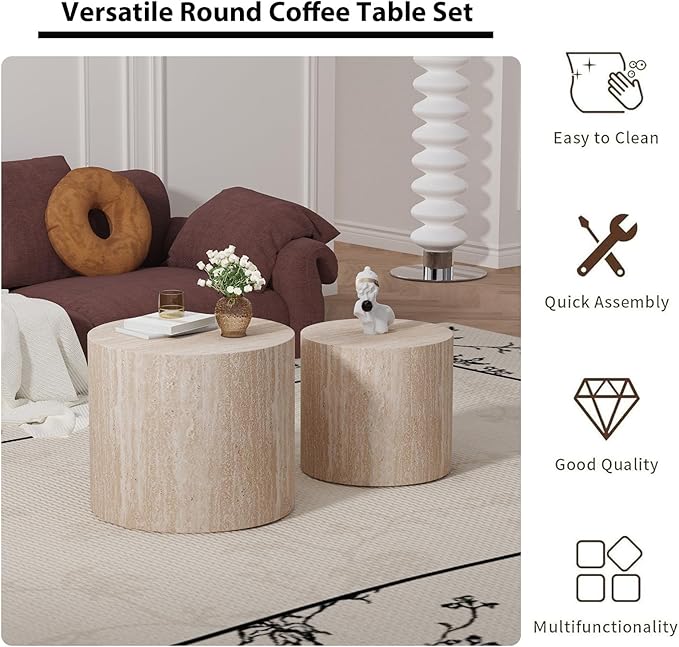 Round Nesting Coffee Table Set of 2 Circle Nested Coffee Tables Modern Travertine Coffee Table Set of 2 Wooden Drum End Side Tables for Living Room Bedroom Small Spaces (Travertine)