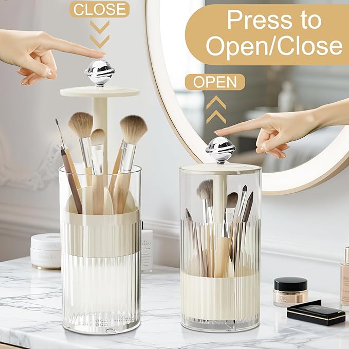 Makeup Brush Holder [Upgrade] with One Touch Open,Makeup Organizer Countertop with Dustproof Lid,Clear Makeup Organizers for Vanity, Desktop, Bathroom (White)-NeatNest