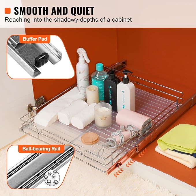 VEVOR 18.5"Wx21"Dx3.5"H Pull Out Cabinet Organizer, Heavy Duty Slide Out Pantry Shelves, Chrome-Plated Steel Roll Out Drawer, Drawer Storage for Home Under Sink, 20"Wx22"Dx7"H Install Size for Cabinet-NeatNest