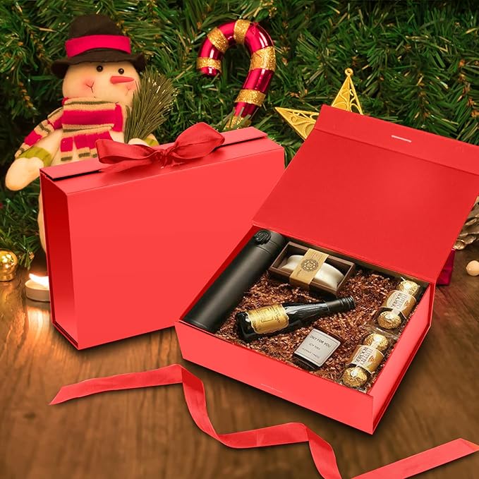 Gift Box with Lid for Presents 10.5x7.5x3.1 Inches with Ribbon and Magnetic Closure(1-Pack) (Red)-NeatNest