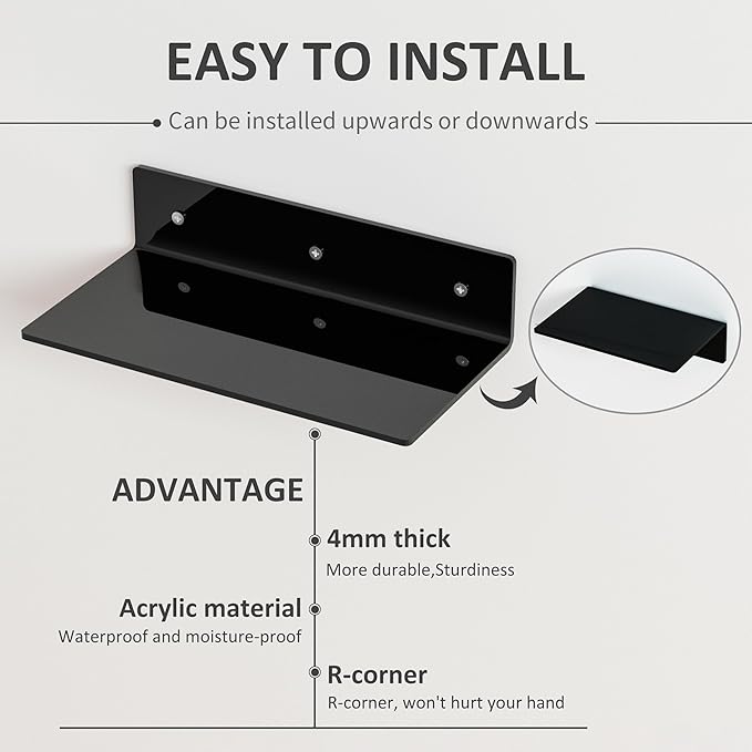 12 Inches Black Wall Shelves Set of 4, Acrylic Floating Shelf for Wall, Wall Mounted Display Shelf for Bedroom, Living Room, Funko Pop Shelves, Smart Speaker, 4 Pack-NeatNest