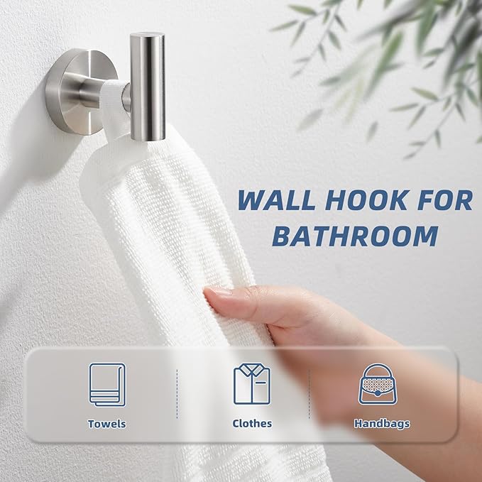 APLusee Brushed Nickel Towel Hook for Bathroom, 304 Stainless Steel Coat Hook, Wall Mounted