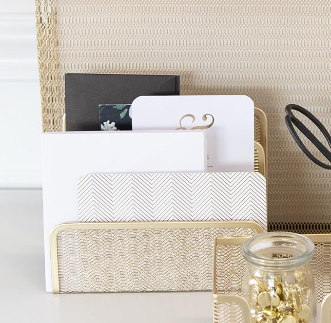 BLU MONACO Gold Mail Organizer for Desk - Mail Holder Countertop - Gold Metal Mesh Letter Sorter & Envelope Holder-NeatNest