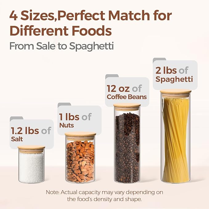 ComSaf Glass Food Storage Jars Set of 6, Clear Glass Storage Containers with Lids, Canisters Sets for the kitchen, Spaghetti, Pasta, Flour, Nuts, Oat, Coffee and Sugar Container, Pantry Organization-NeatNest