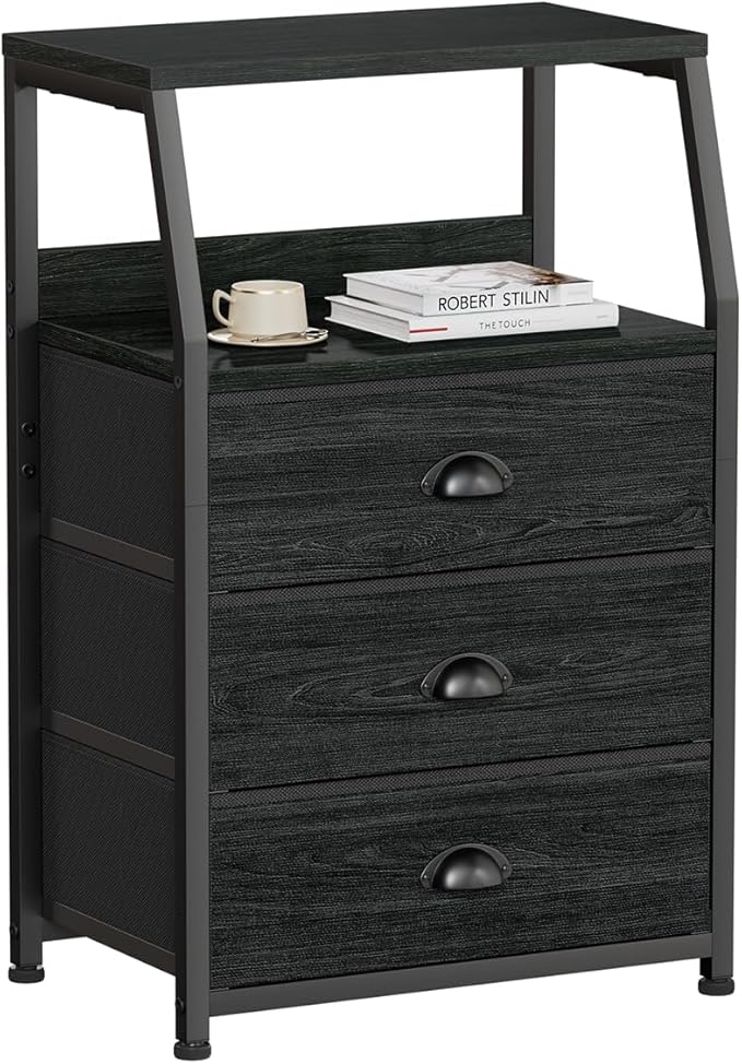 Furnulem Black Night Stand, Small Dresser for Bedroom, Nightstand with 3 Fabric Storage Drawers and 2-Tier Shelf, End Table Side Furniture for Closet, Hallway, Nursery, Sturdy Steel Frame, Wood Top-NeatNest