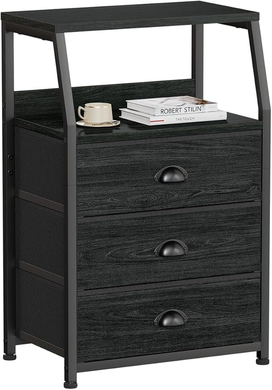 Furnulem Black Night Stand, Small Dresser for Bedroom, Nightstand with 3 Fabric Storage Drawers and 2-Tier Shelf, End Table Side Furniture for Closet, Hallway, Nursery, Sturdy Steel Frame, Wood Top-NeatNest