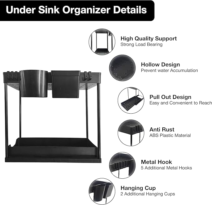 Homeward Heaven 2 Pack Under Sink Organizers, Adjustable Pull-Out Organizer, Kitchen Cabinet Organizers for Easy Access, Multi-Functional Cabinet Organizer-NeatNest