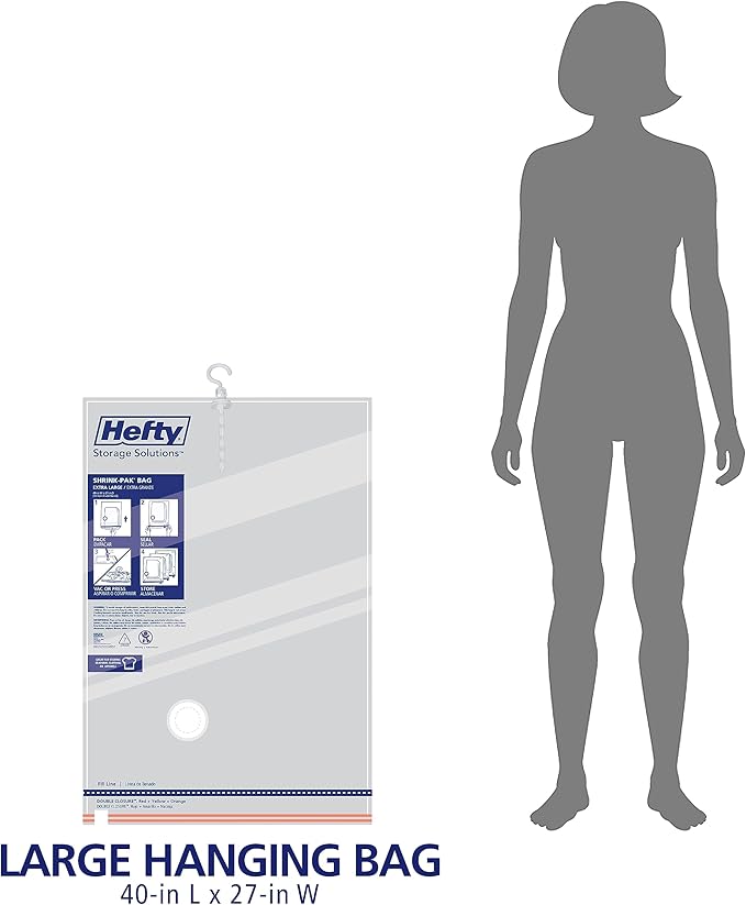 Hefty Shrink-Pak Vacuum Storage Bags - Space Saver for Under Bed Storage, Clothing and Comforters, 3X More Storage Space - 3 Large Hanging Bags
