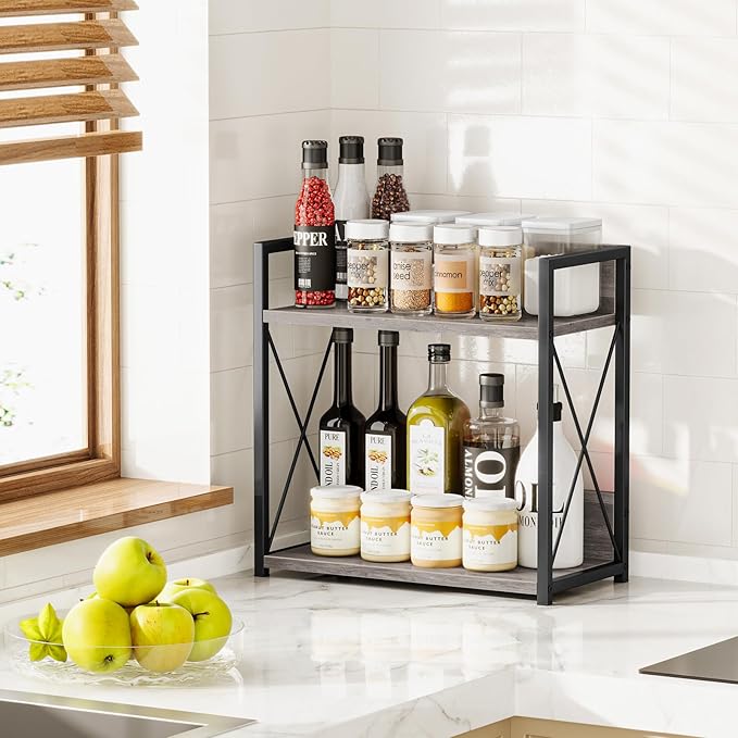 Giikin Coffee Bar Accessories, 2 Tier Spice Rack for Counter, Gray Kitchen Countertop Organizer (Grey, L)-NeatNest
