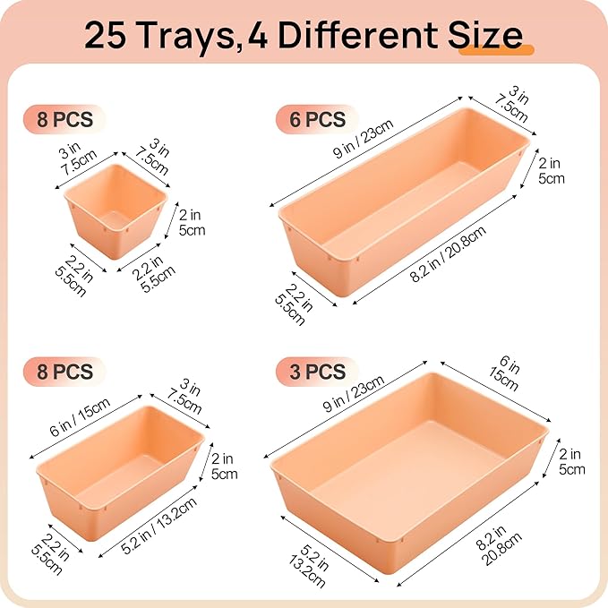 Vtopmart 25 PCS Plastic Drawer Organizers Set, 4-Size Versatile Bathroom and Vanity Drawer Organizer Trays, Storage Bins for Makeup, Bedroom, Kitchen Gadgets Utensils and Office-NeatNest