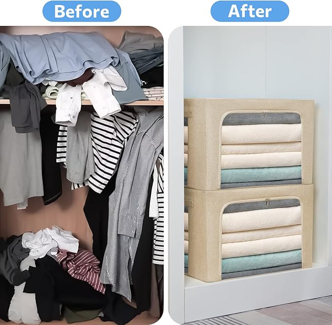 Extra Large Clothes Storage Bins - Linen Fabric Foldable Stackable Container Organizer Set with Clear Window & Carry Handles & Metal Frame - 2Pack Large Capacity for Bedding, Blankets, Books-NeatNest