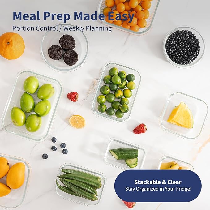 30 Pieces Glass Food Storage Containers with Snap Locking Lids,Glass Meal Prep Containers Set - Airtight Lunch Containers, Microwave, Oven, Freezer and Dishwasher BLUE