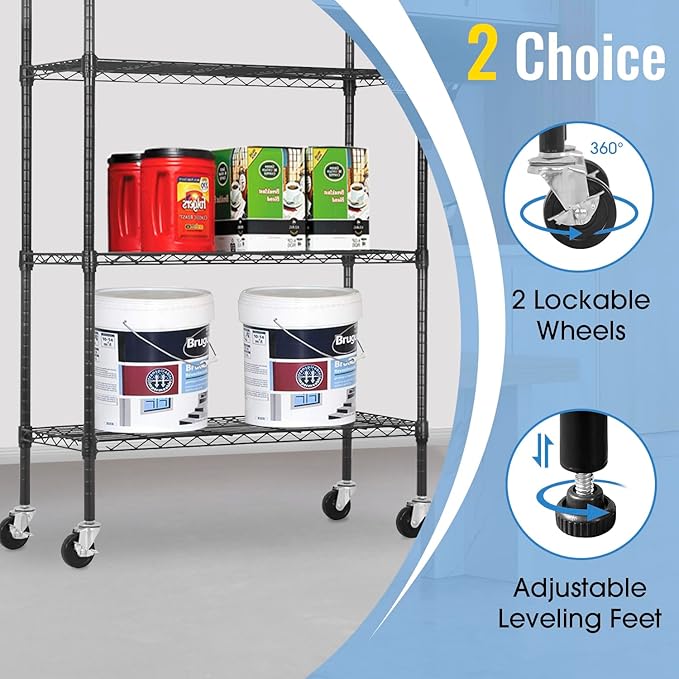4-Tier Adjustable Shelf Shelving Unit Shelves Shelf Heavy Duty Storage Steel Organizer Wire Rack (1400 lbs Loading Capacity) with Wheels Multi-Function Easy Assembly,Black