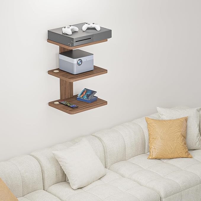 WALI Floating TV Shelves for Wall, Projector Shelf Holds Up to 22lbs, Wooden Wall Mounted Shelves for DVD Players, Cable Boxes,Game Consoles, Living Room Decor Accessories (CS303N), 3 Shelf, Wood