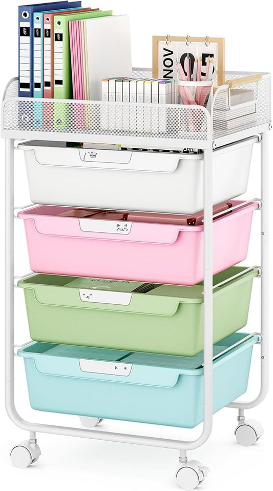 Rolling Cart with 4 Drawers,4 Tiers Rolling Utility Cart Craft Cart,Rolling Storage Drawer Cart with Mesh Top,Storage Cart with Drawers & 4 PCS DIY Lable, Classic Colorful