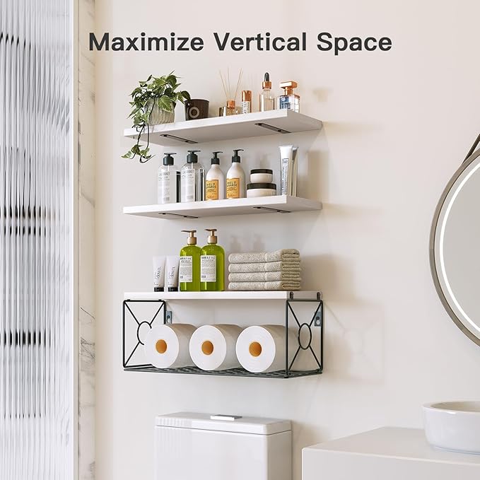 Amada Bathroom Shelves Over Toilet with Storage Basket, Floating Wall Shelves for Home Organization & Wall Decor, Bathroom/Kitchen/Living Room ShelvesWhite-NeatNest