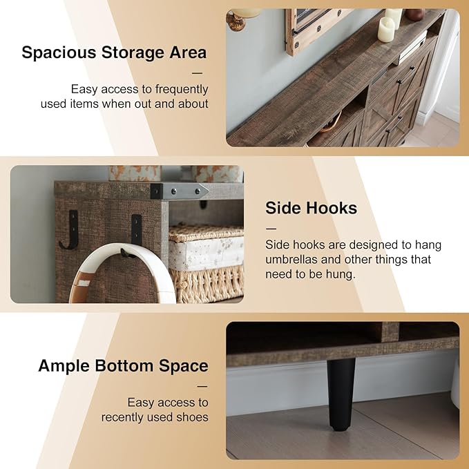 Shoe Storage Cabinet,Farmhouse Shoes Organizer with 4 Flip Drawers & Barn Door Design,Freestanding Hidden Slim Narrow Shoe Rack Cabinet with Open Shelves for Entryway,Hallway,Rustic Brown-NeatNest