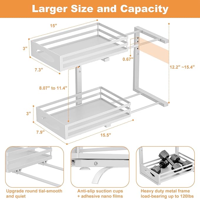 Under Sink Organizer, 2 Tier Under Sink Organizers and Storage, Adjustable Height, Slide out Metal Cabinet Organizers, Pull out Cabinet Storage Drawer Shelf for Kitchen Bathroom White, 2 Pack-NeatNest