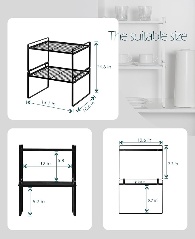 2Pack Kitchen Cabinet Shelf Counter Organizer Rack Pantry Storage Bathroom Bedroom Office Table Desk Space Saving Stackable Rust Resistant Non Slip Black Wide L13.1in W10.6in H7.3in-NeatNest