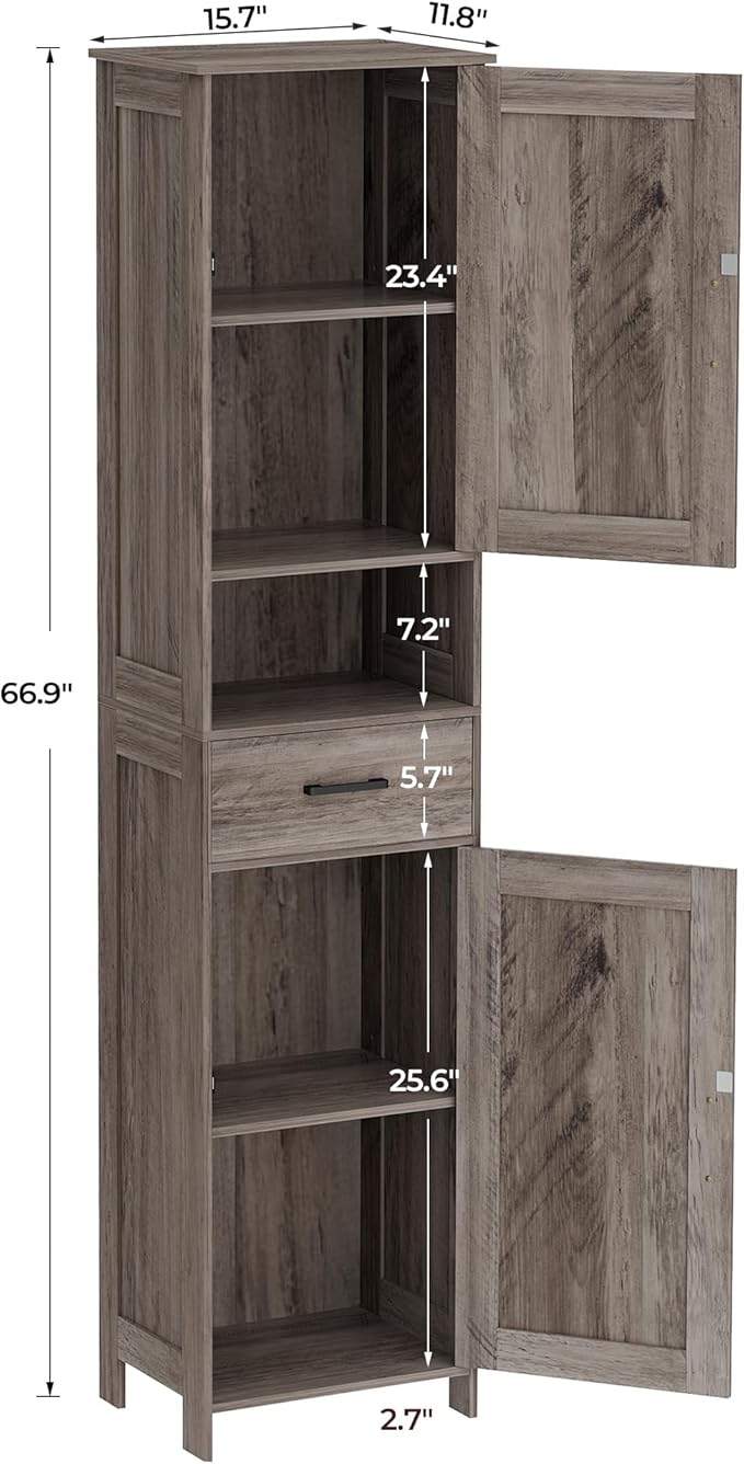 Homhedy 67" H Tall Bathroom Storage Cabinet with 2 Barn Doors and 1 Drawer, Narrow Storage Unit, Adjustable Shelves，Floor Cabinet for Bathroom, Living Room, Entryway, Kitchen, Greige, (15.7" W)